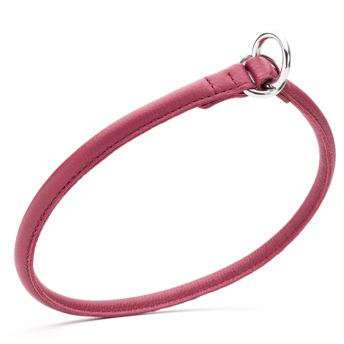 Pink slip dog collar with metal hardware, made from rolled leather, 3/8 inch wide