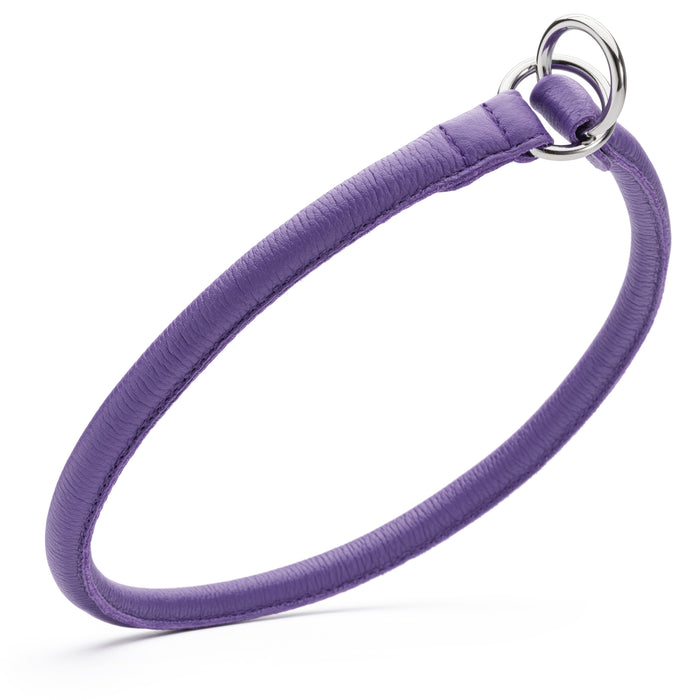 Purple leather dog choke collar with metal rings, 1/3 inch wide