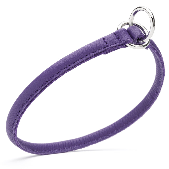 Purple leather choke collar for dogs with metal rings, round design, 1/4 inch width