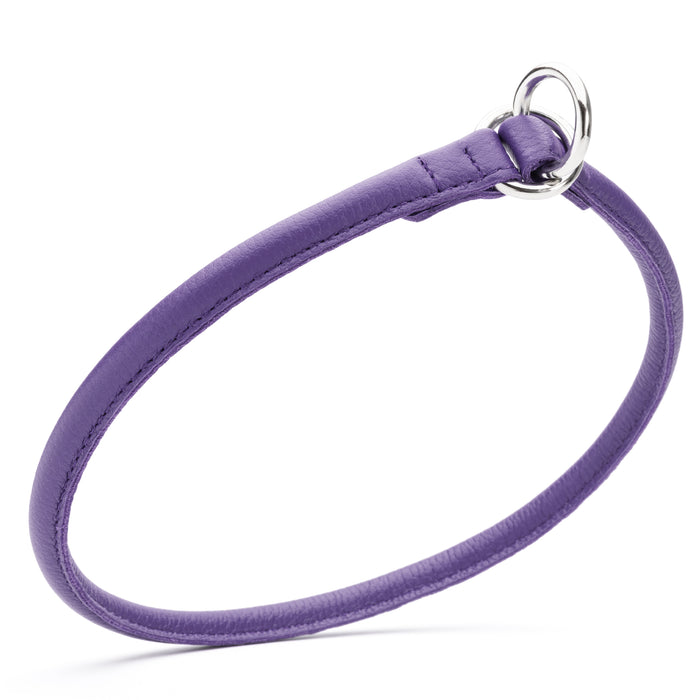 Purple slip dog collar with metal hardware, made from rolled leather, 3/8 inch wide