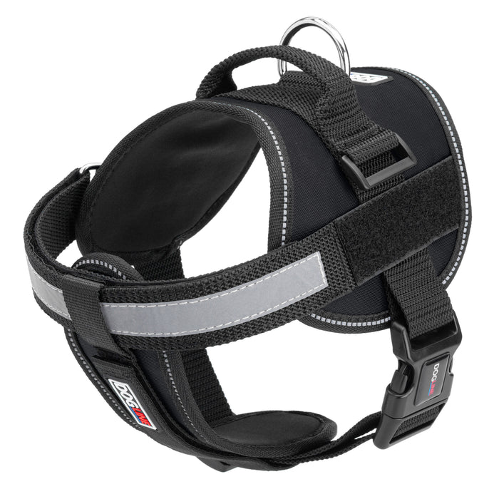 Black dog harness with reflective removable chest plate, top handle and two hook and loop fasteners, made from nylon