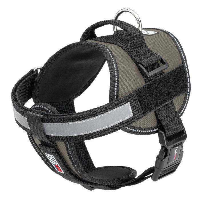 Gray dog harness with reflective removable chest plate, top handle and two hook and loop fasteners, made from nylon