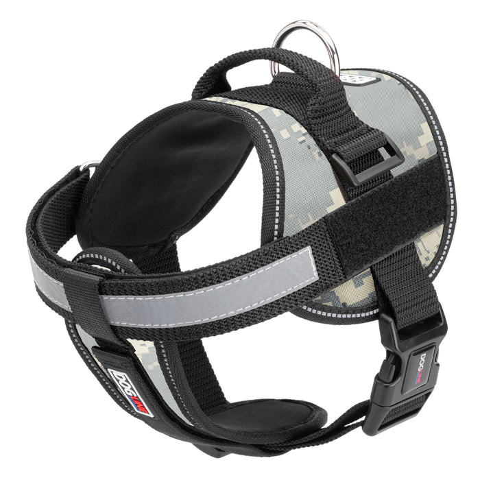 Urban camo dog harness with reflective removable chest plate, top handle and two hook and loop fasteners, made from nylon