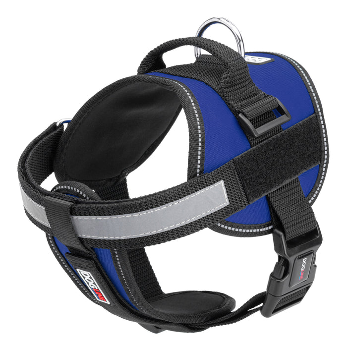 Blue dog harness with reflective removable chest plate, top handle and two hook and loop fasteners, made from nylon
