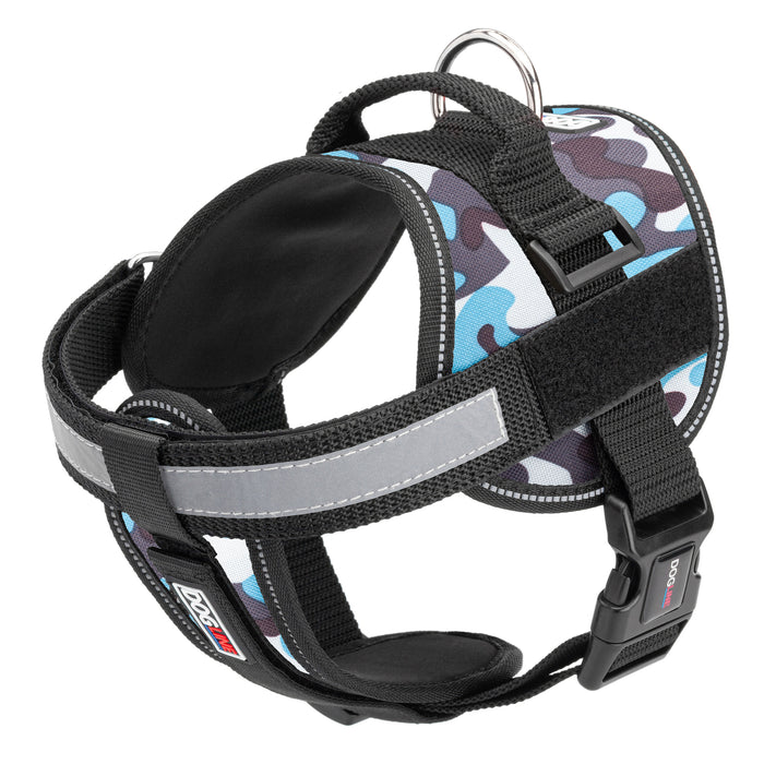 Blue camo dog harness with reflective removable chest plate, top handle and two hook and loop fasteners, made from nylon
