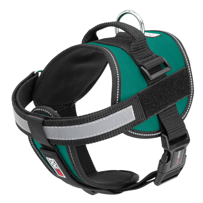 Teal dog harness with reflective removable chest plate, top handle and two hook and loop fasteners, made from nylon