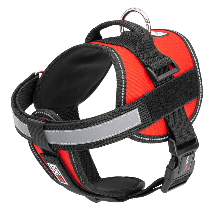Red dog harness with reflective removable chest plate, top handle and two hook and loop fasteners, made from nylon