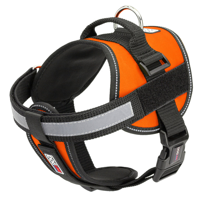 Orange dog harness with reflective removable chest plate, top handle and two hook and loop fasteners, made from nylon