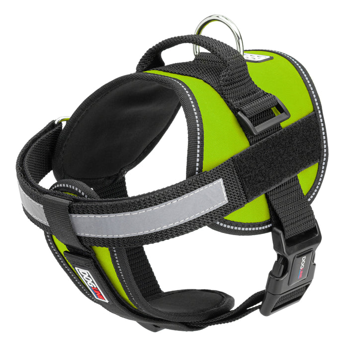 Lime green dog harness with reflective removable chest plate, top handle and two hook and loop fasteners, made from nylon