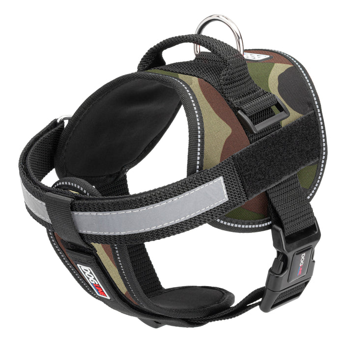 Green camo dog harness with reflective removable chest plate, top handle and two hook and loop fasteners, made from nylon