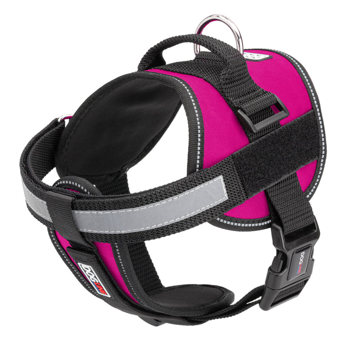 Pink dog harness with reflective removable chest plate, top handle and two hook and loop fasteners, made from nylon