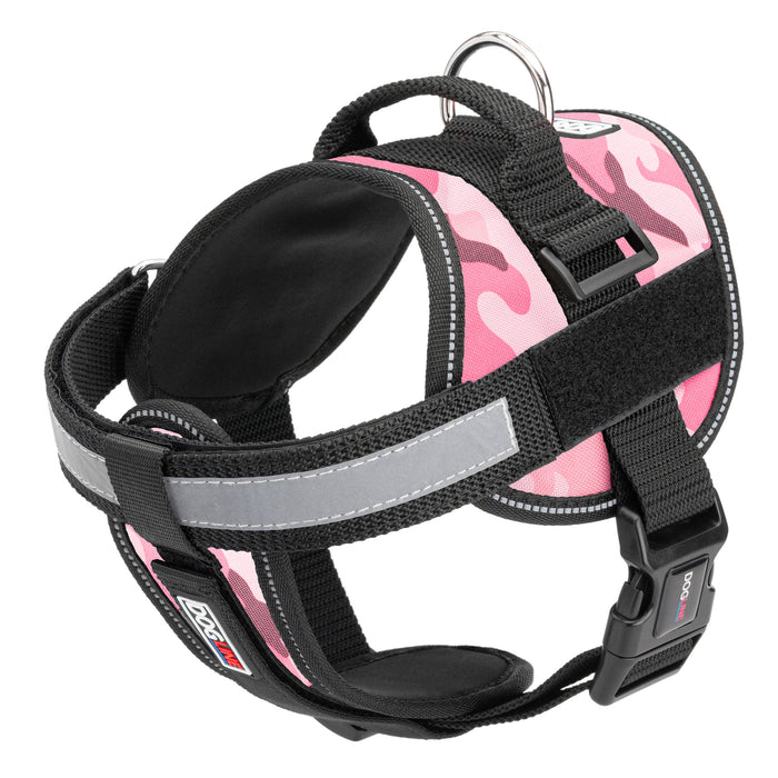 Pink camo dog harness with reflective removable chest plate, top handle and two hook and loop fasteners, made from nylon