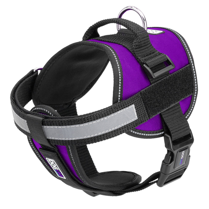 Purple dog harness with reflective removable chest plate, top handle and two hook and loop fasteners, made from nylon