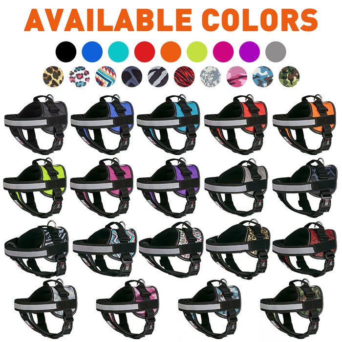 Nylon harnesses for dogs with removable chest plate, top handle, reflective strap and hook and loop fastener for two patches, adjustable, 19 colors available