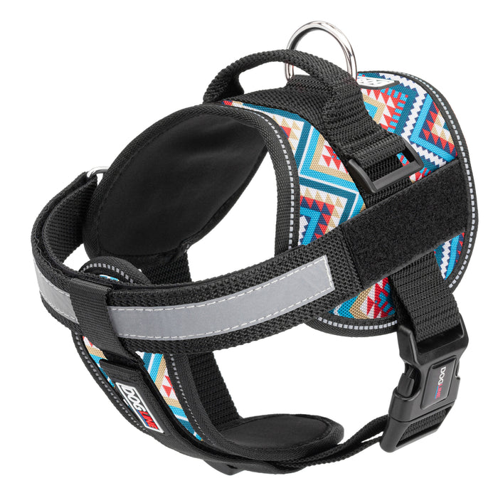 Aztec design dog harness with reflective removable chest plate, top handle and two hook and loop fasteners, made from nylon