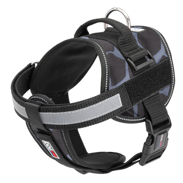 Giraffe gray dog harness with reflective removable chest plate, top handle and two hook and loop fasteners, made from nylon