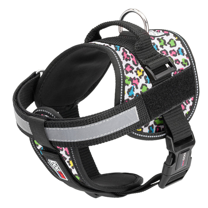 Leopard multi-colored dog harness with reflective removable chest plate, top handle and two hook and loop fasteners, made from nylon