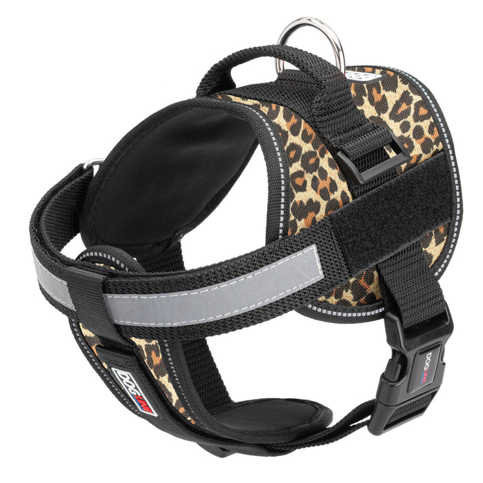 Leopard brown dog harness with reflective removable chest plate, top handle and two hook and loop fasteners, made from nylon
