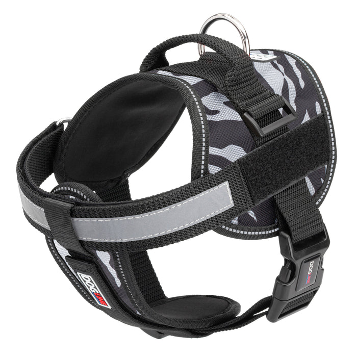 Zebra black and white dog harness with reflective removable chest plate, top handle and two hook and loop fasteners, made from nylon