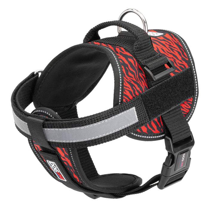 Zebra black and red dog harness with reflective removable chest plate, top handle and two hook and loop fasteners, made from nylon