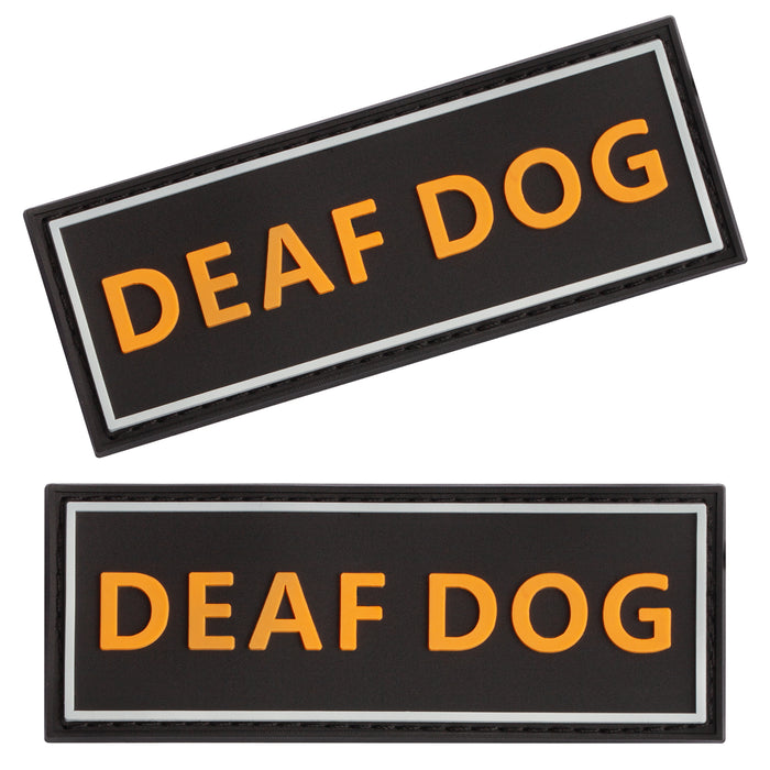 Set of two rubber Deaf Dog patches for dogs, yellow letters on black background