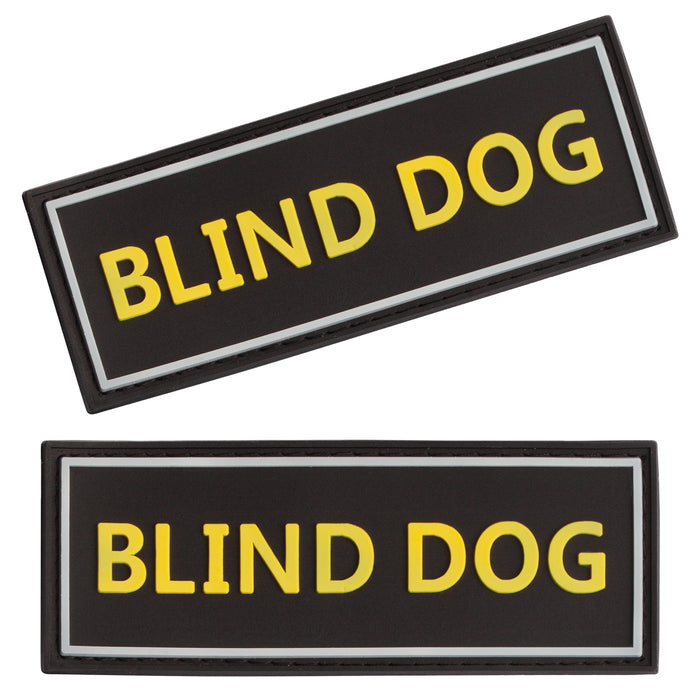 Set of two rubber Blind Dog patches for dogs, yellow letters on black background