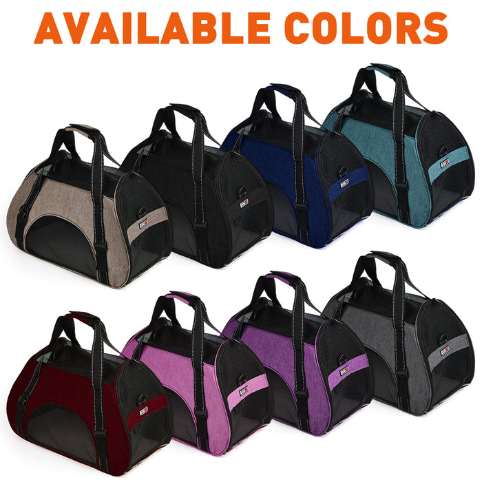 Pet carrier bags for small dogs and cats with shoulder strap and ventilated mesh sides, 8 colors available