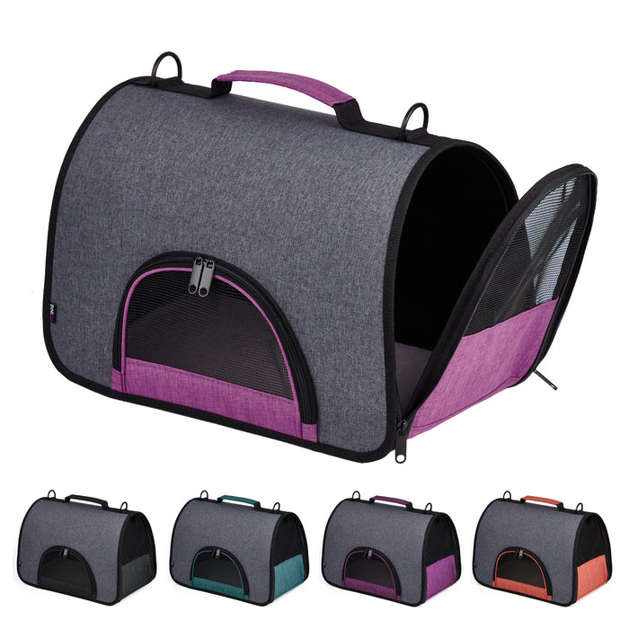 Pet carrier bag with removable shoulder strap and ventilated mesh screens, pink, back, teal, purple and orange color options