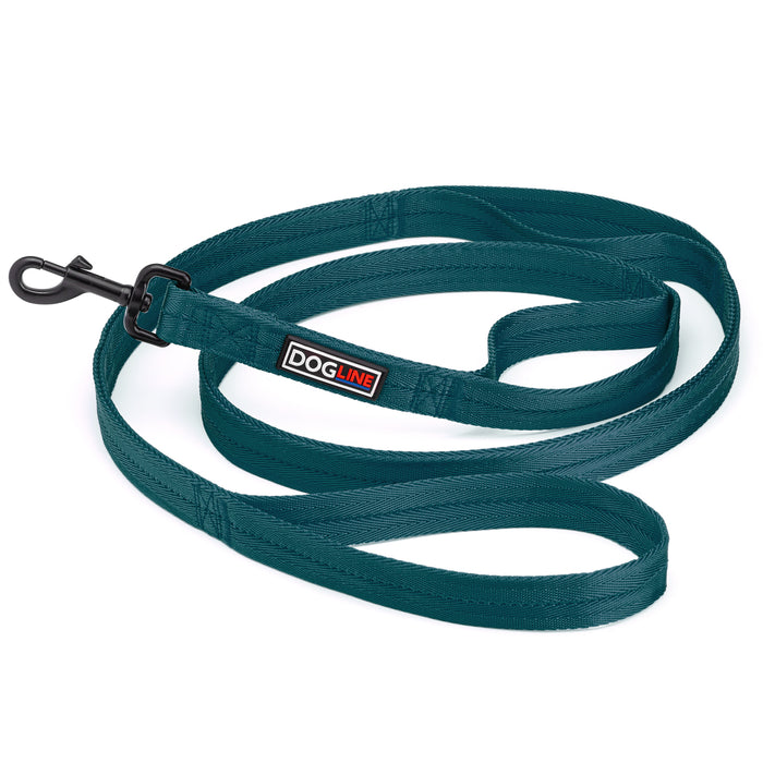 Teal multi-handle dog leash with black swivel clip, made of nylon