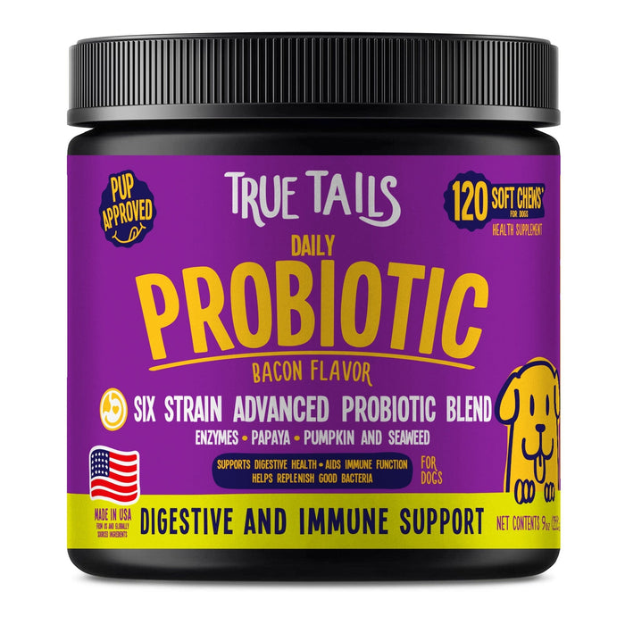 True Tails soft chews for dogs with probiotic blend to support digestive and immune systems, bacon flavor
