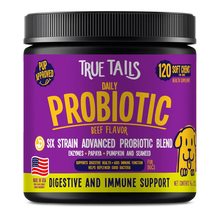 True Tails soft chews for dogs with probiotic blend to support digestive and immune systems, beef flavor