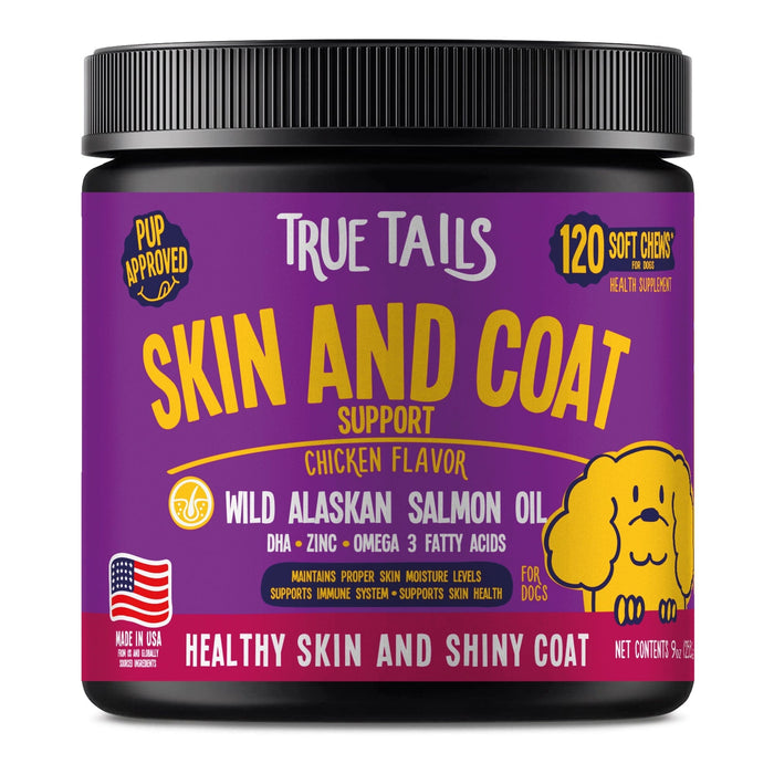 True Tails soft chews for dogs to support healthy skin and coat with wild Alaskan salmon oil, chicken flavor