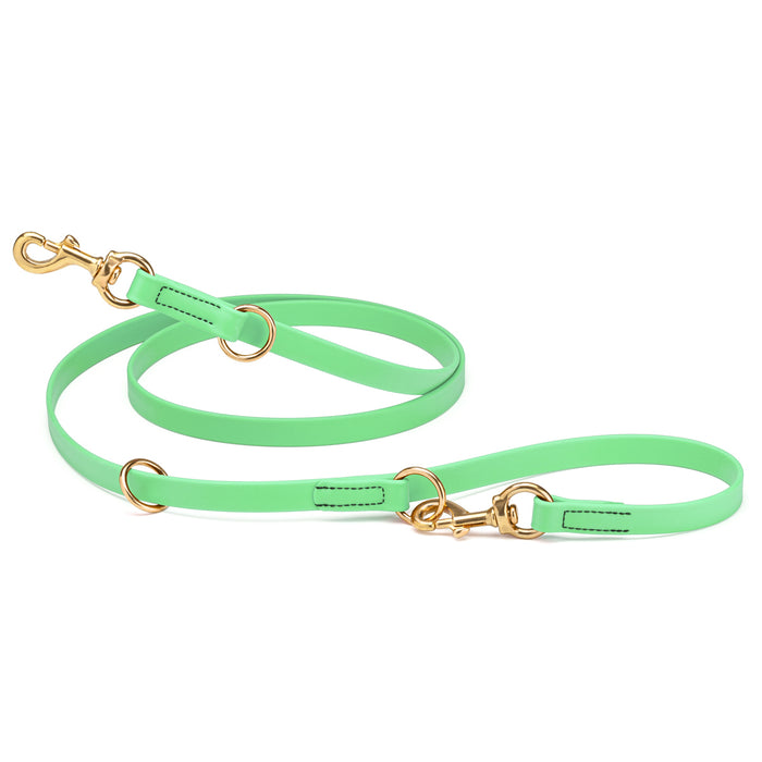Seafoam green adjustable dog leash with two brass clips and three O-rings, made from waterproof Biothane