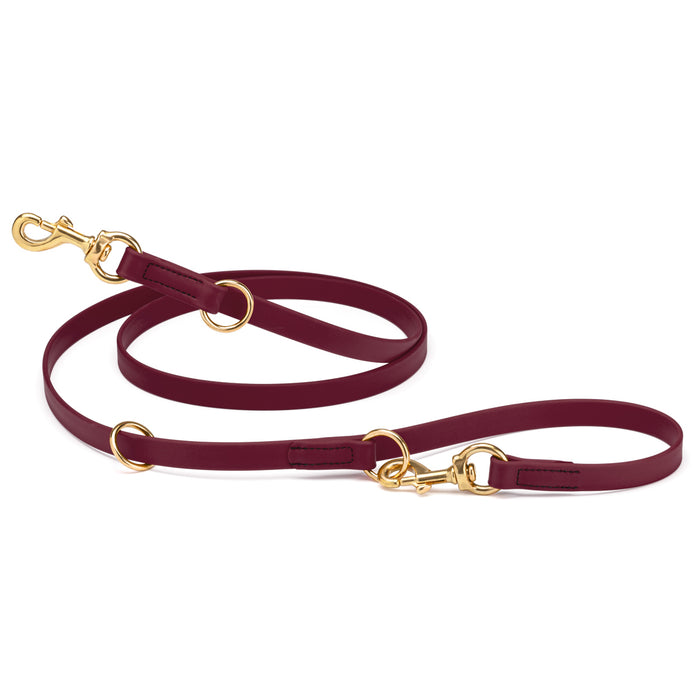 Merlot burgundy adjustable dog leash with two brass clips and three O-rings, made from waterproof Biothane