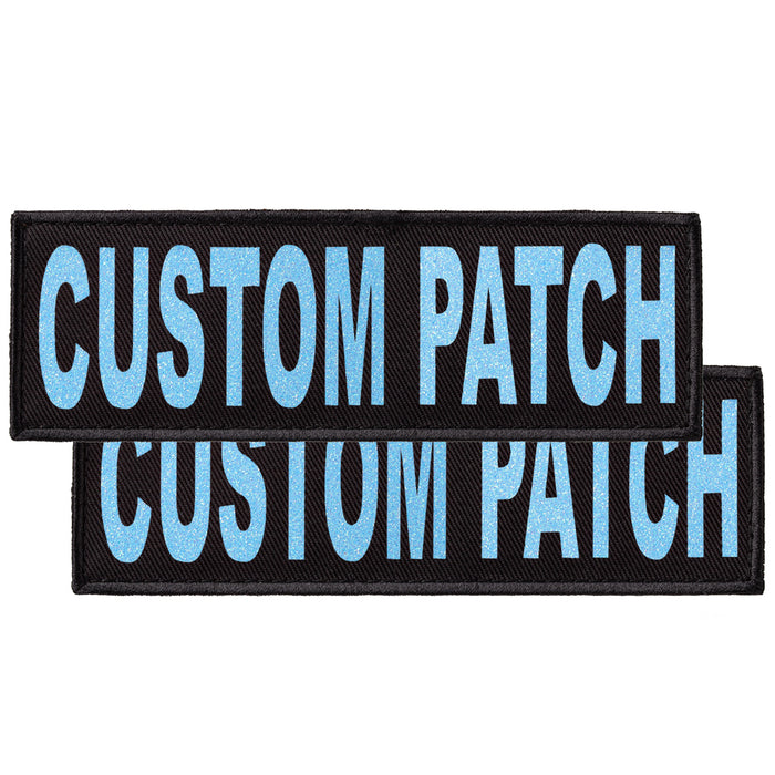 Custom dog patch with hook backing for harness, vest or collar, blue glitter letters