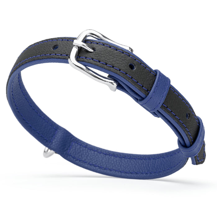 Navy blue and black leather collar with metal hardware, width 3/4 inch