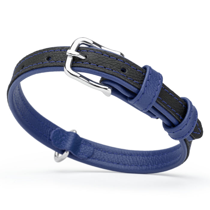 Flat black and blue leather dog collar with metal buckle and D-ring, 5/8 inch wide