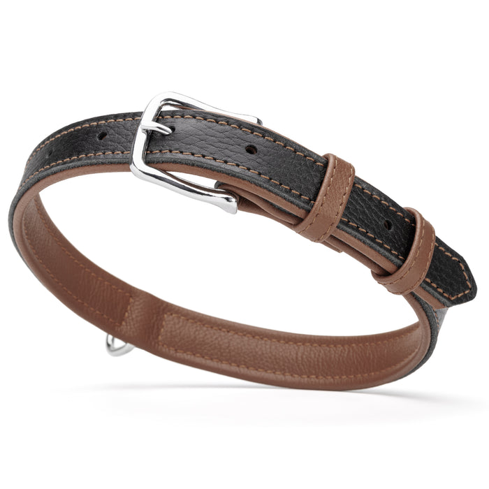 Black and brown leather dog collar with metal buckle and D-ring, 1 inch wide