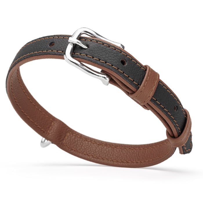 Brown and black leather collar with metal hardware, width 3/4 inch