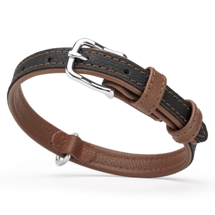 Flat black and brown leather dog collar with metal buckle and D-ring, 5/8 inch wide