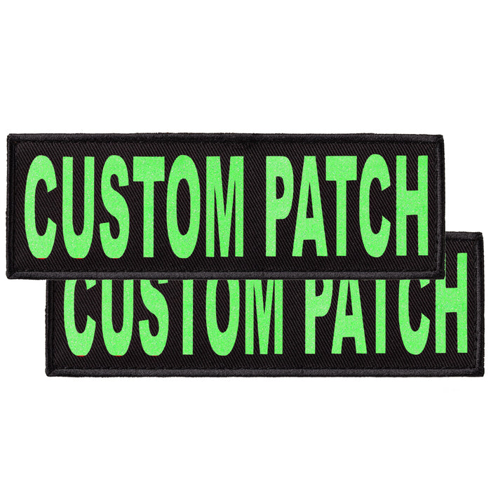 Custom dog patch with hook backing for harness, vest or collar, green glitter letters