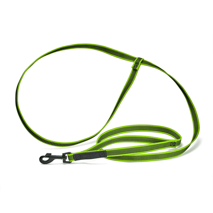 Green rubberized nylon dog leash with traffic handle and adjustable hands-free handle, black hardware