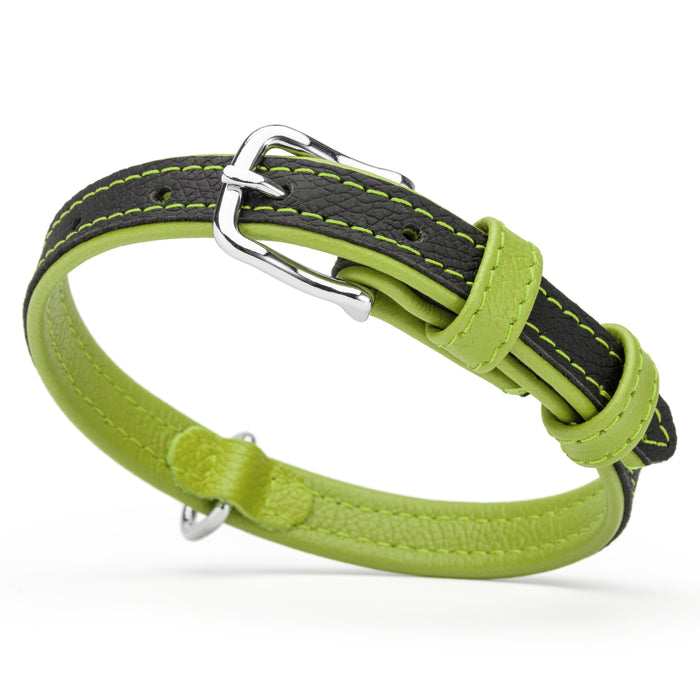 Flat black and green leather dog collar with metal buckle and D-ring, 5/8 inch wide