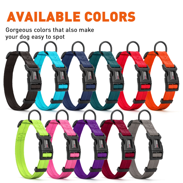 Nylon collars for dogs with quick release buckle and metal D-ring, adjustable, 11 colors available