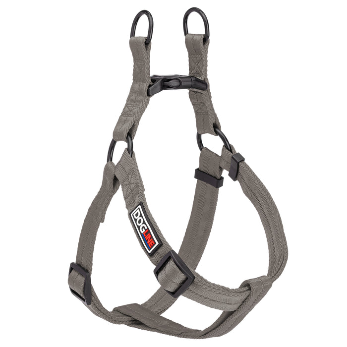 Gray step-in dog harness with quick release buckle, made from nylon, size M, size L