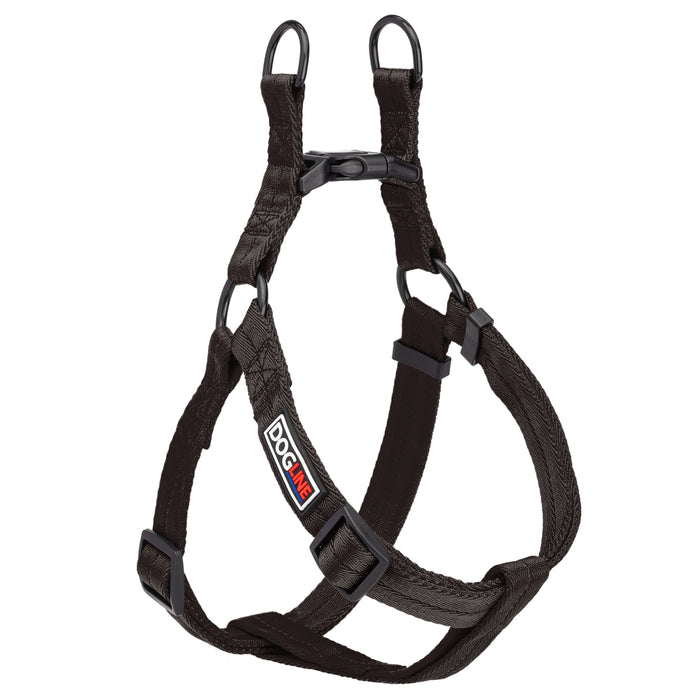 Black step-in dog harness with quick release buckle, made from nylon, size M, size L