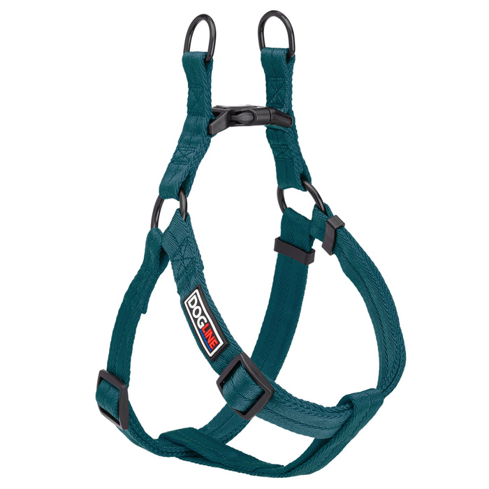 Teal step-in dog harness with quick release buckle, made from nylon, size M, size L