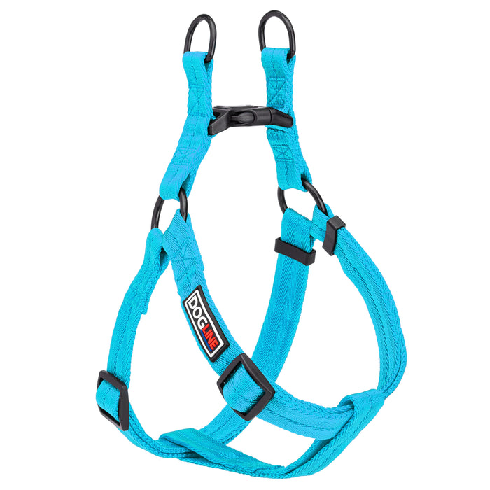 Blue step-in dog harness with quick release buckle, made from nylon, size M, size L