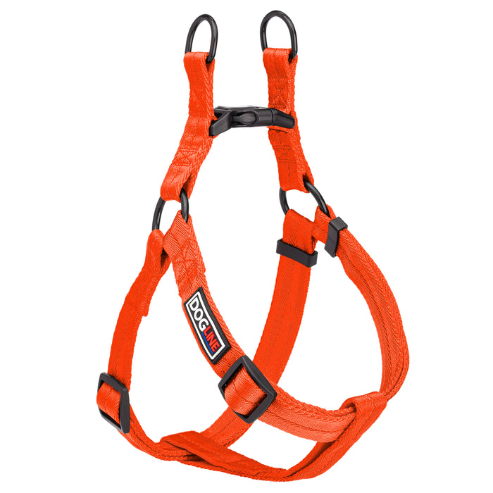 Orange step-in dog harness with quick release buckle, made from nylon, size M, size L