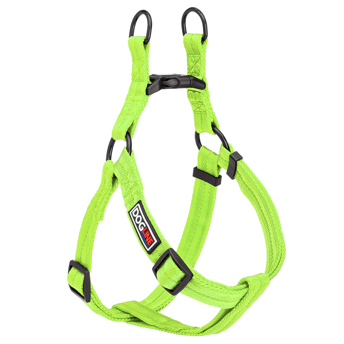 Lime Green step-in dog harness with quick release buckle, made from nylon, size M, size L